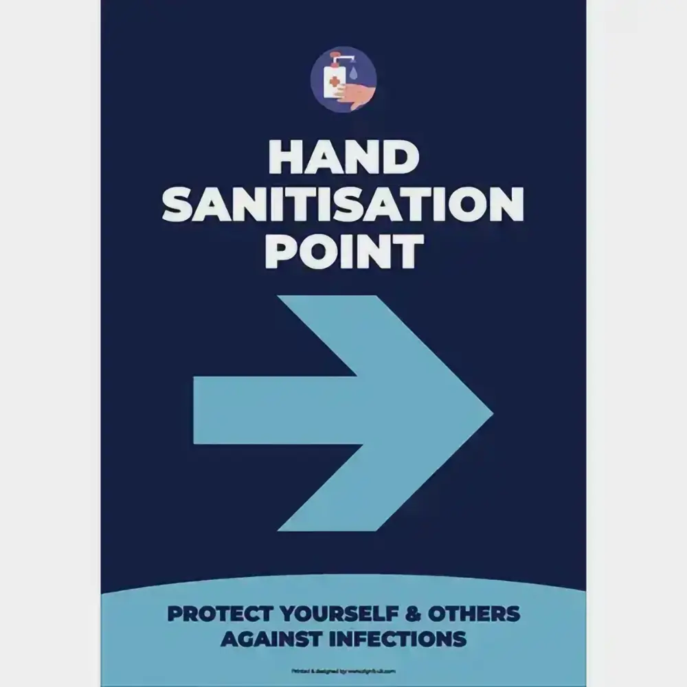Hand sanitisation point right arrow blue poster by Joalpe International UK