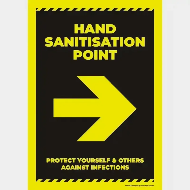 Hand sanitisation point right arrow yellow poster by Joalpe International UK