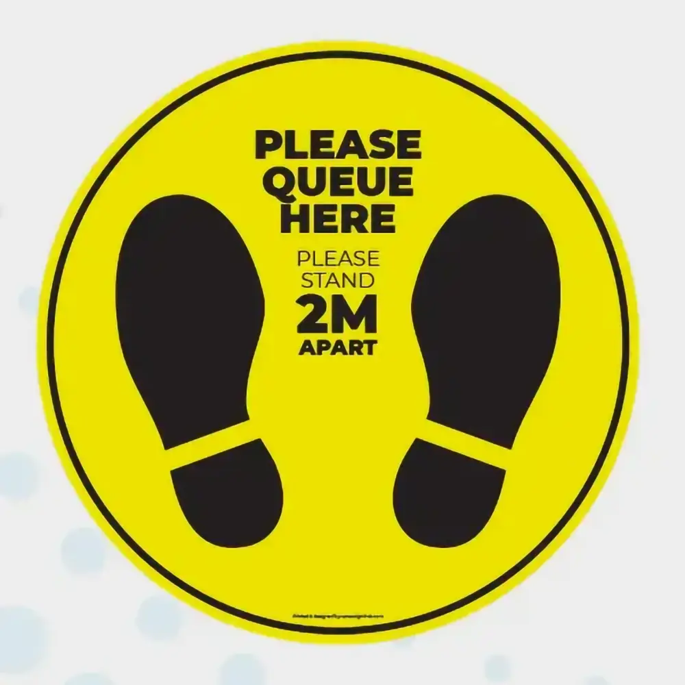 Yellow color please queue here social distancing floor stickers by Joalpe International UK