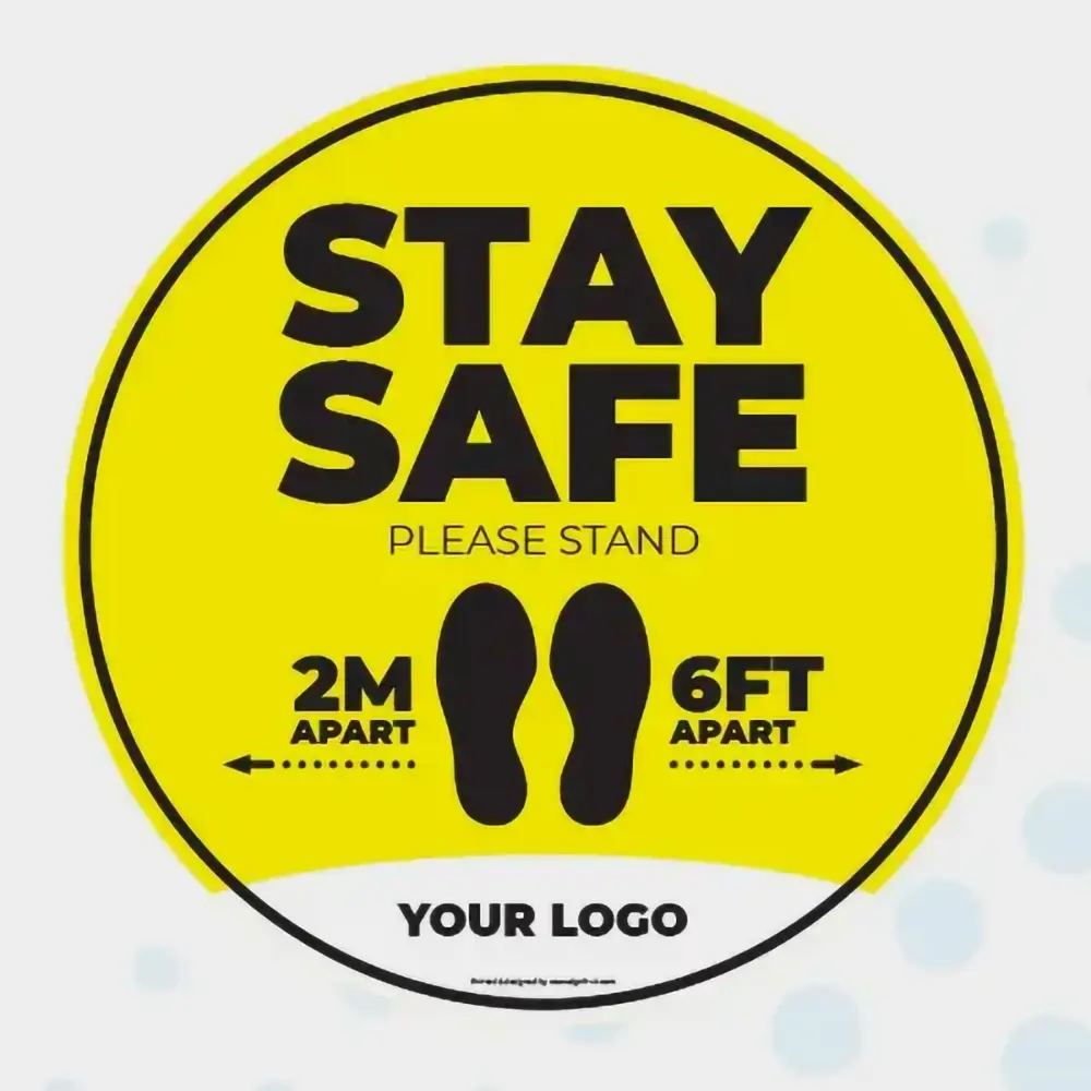 Yellow color stay safe please stand social distancing floor stickers with logo by Joalpe International UK